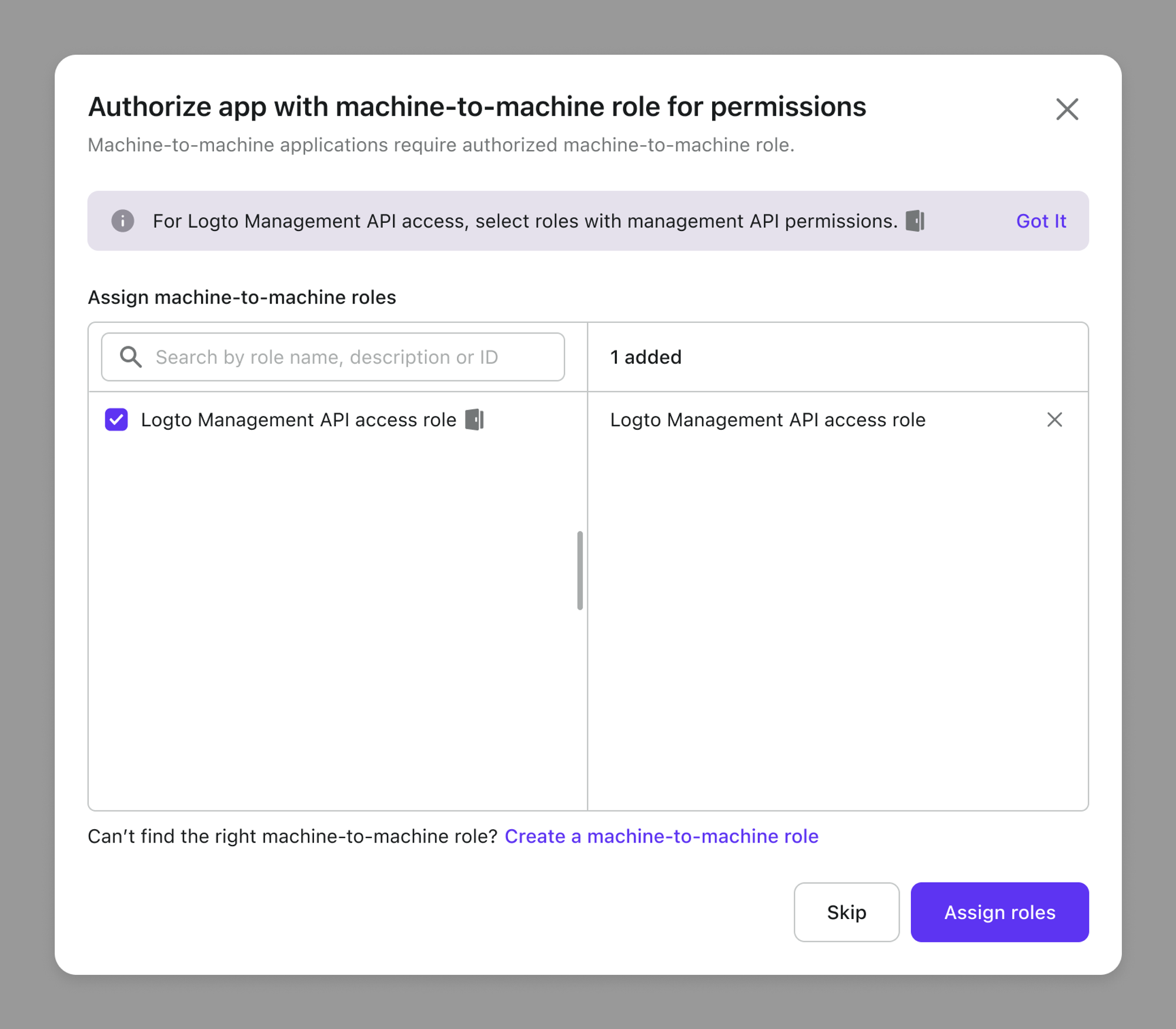 Assign M2M roles modal