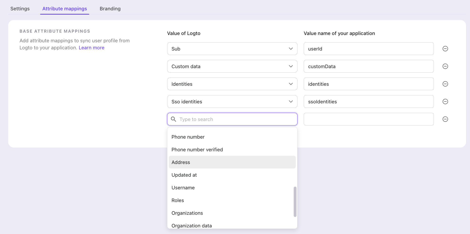 SAML app attribute mapping