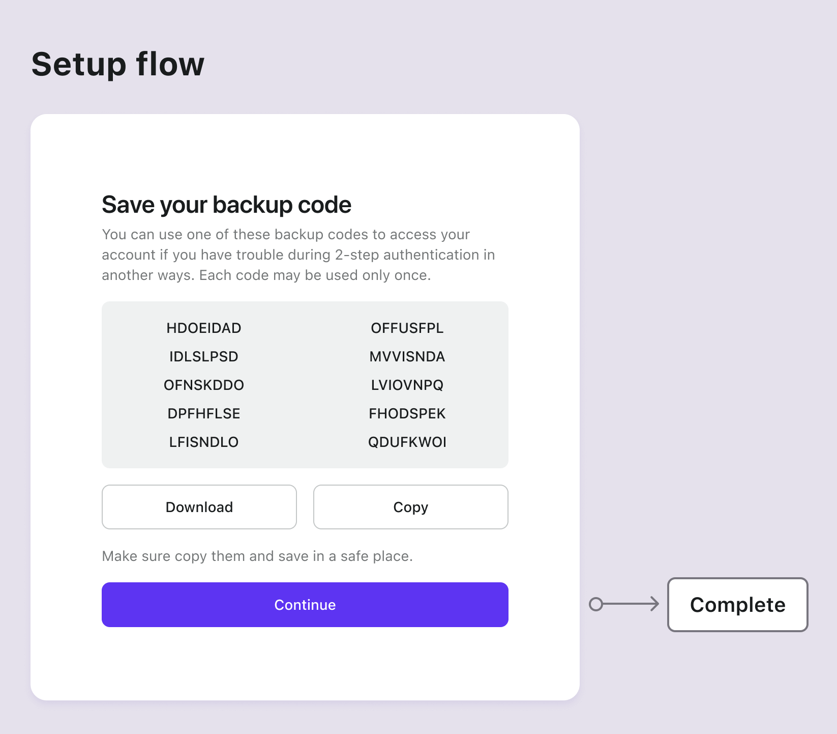 Backup codes set up flow