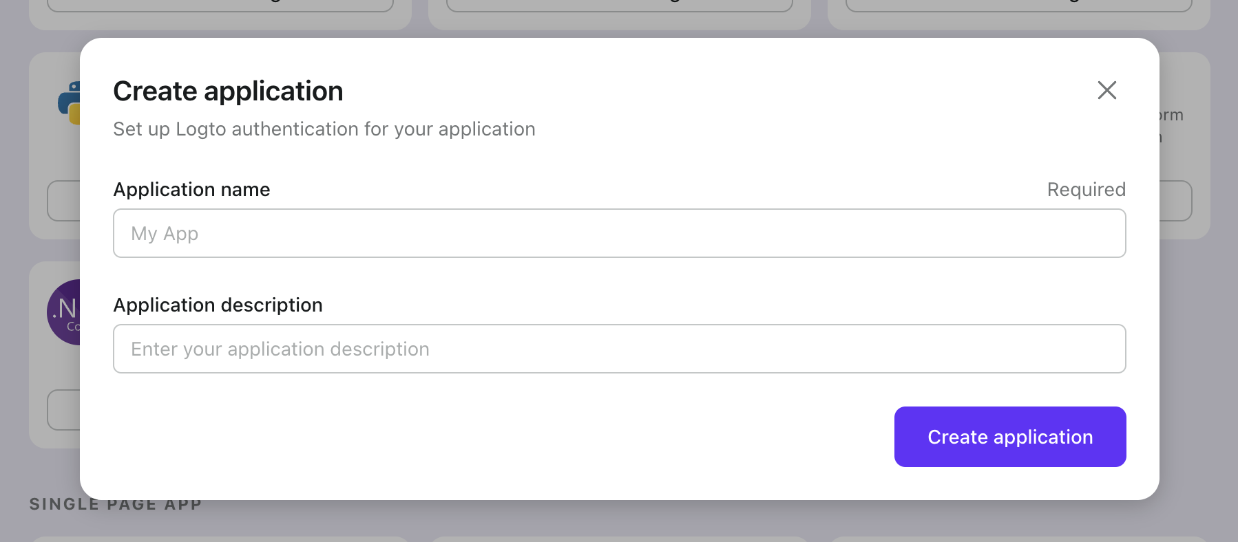 Create Application modal