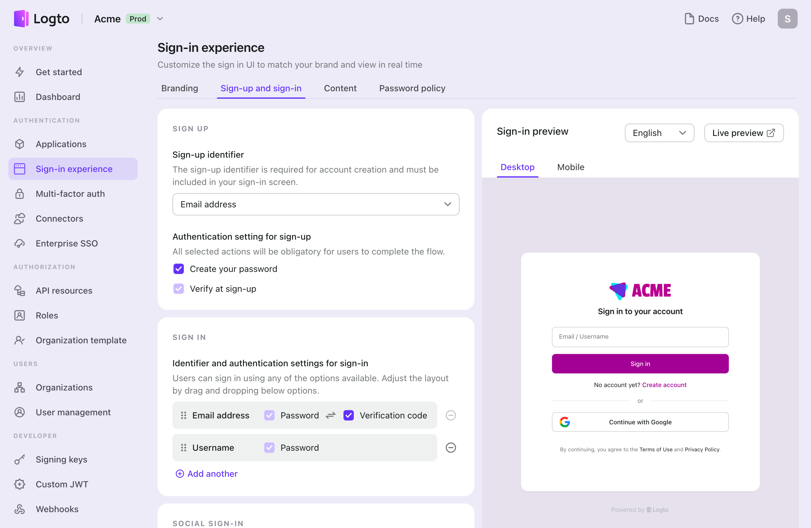 configuración de registro