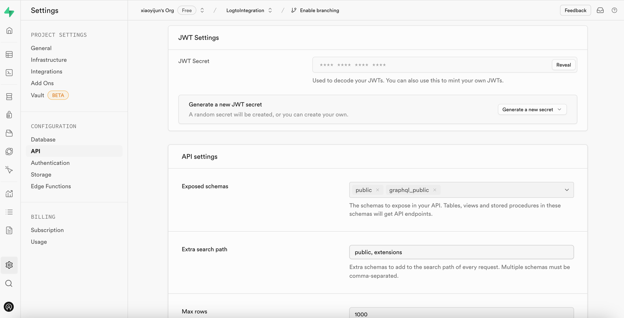 Página de configuración de API de Supabase