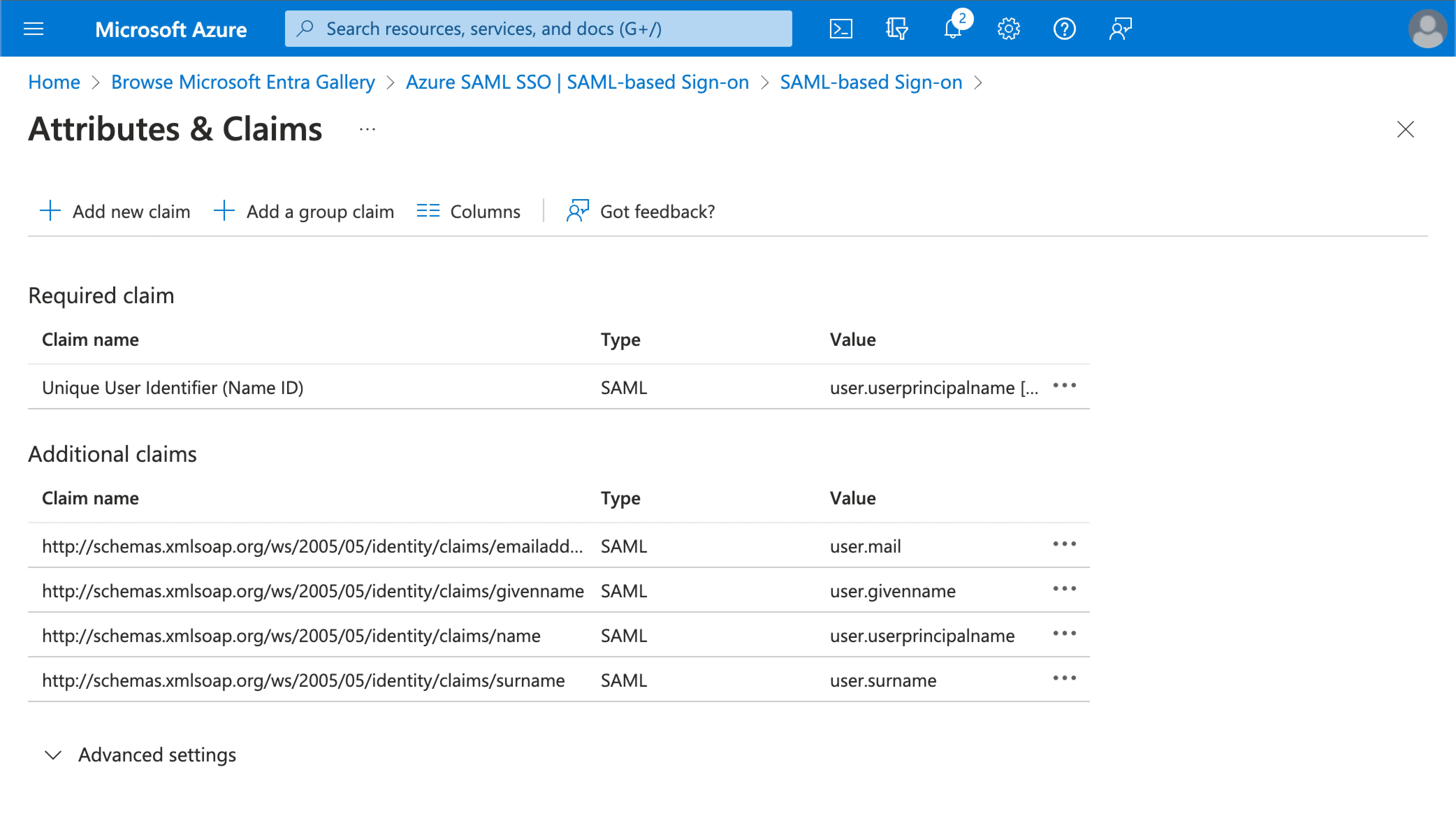 Azure AD default attribute mapping