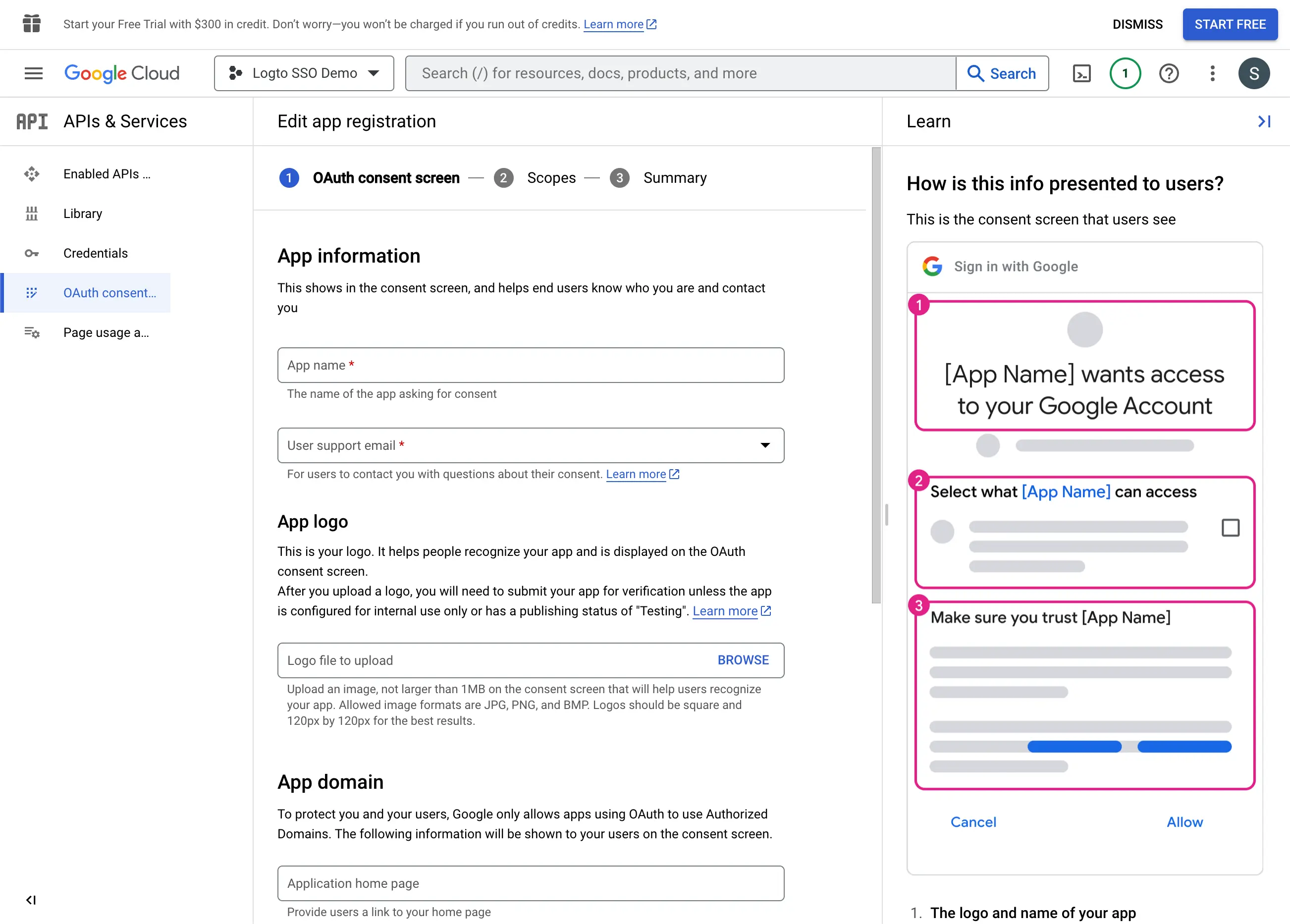 Google Workspace consent screen settings