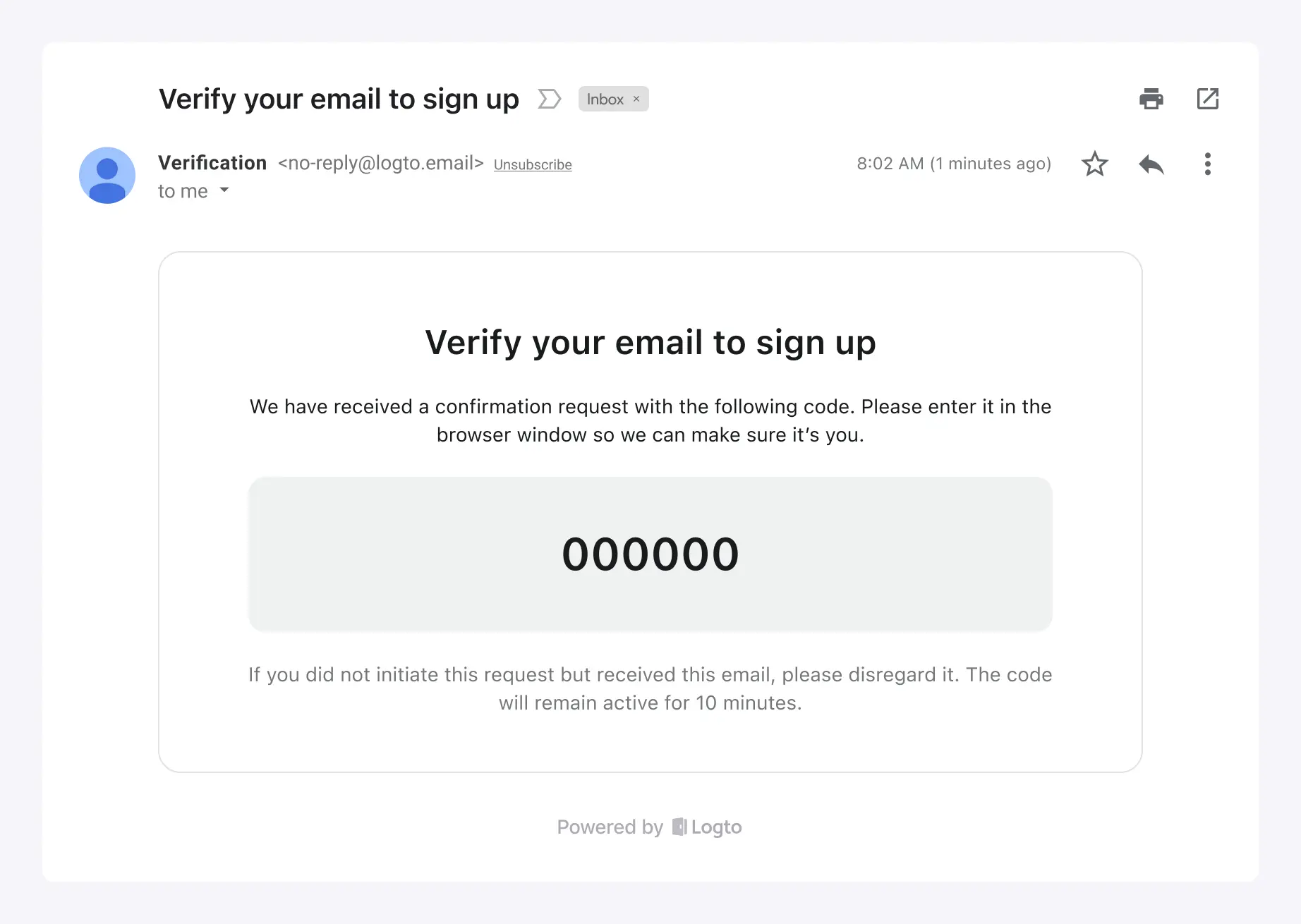 Logto built-in email service sample without branding