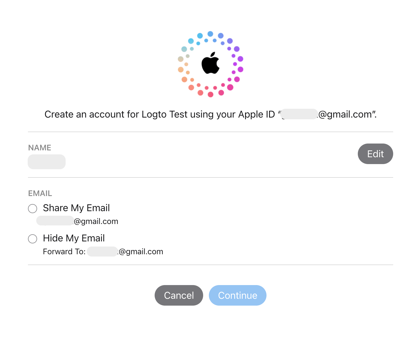 Pantalla de consentimiento de inicio de sesión con Apple