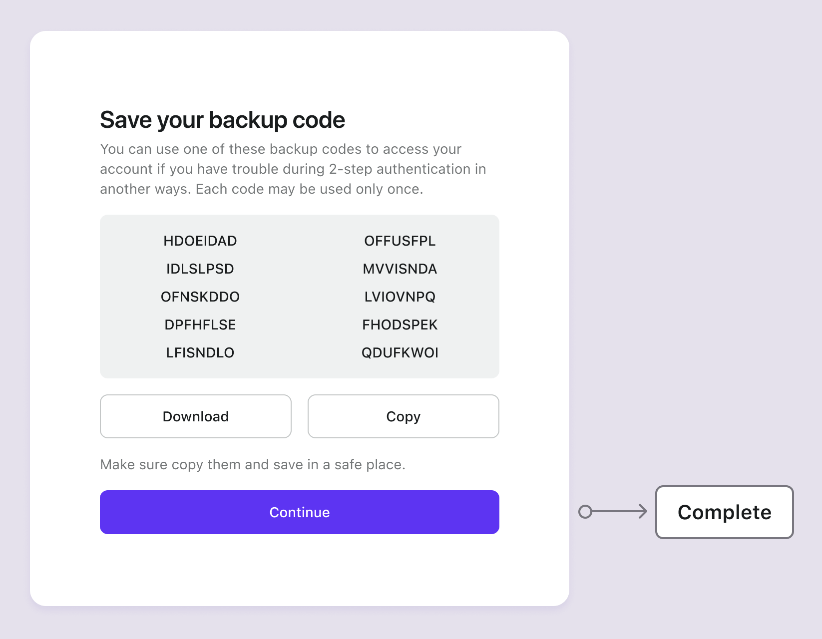 Fluxo de configuração de códigos de backup