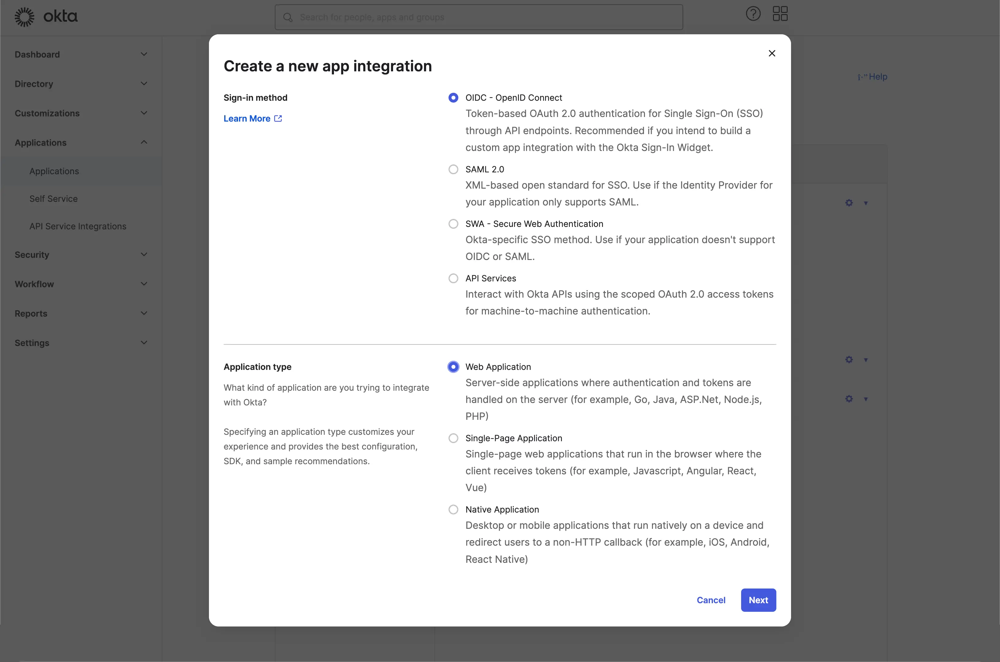 Okta create application.webp