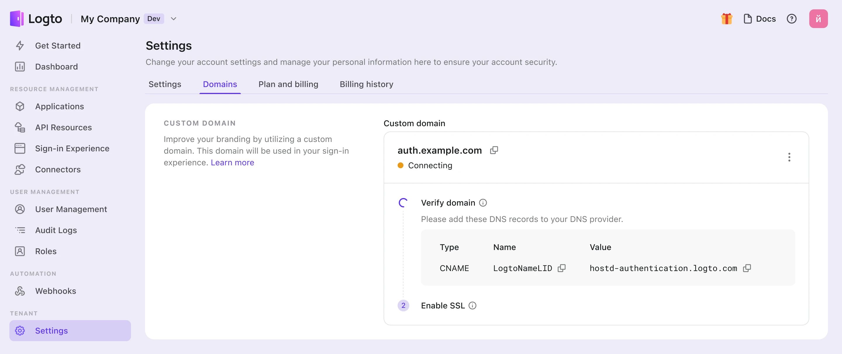 Custom domain processing